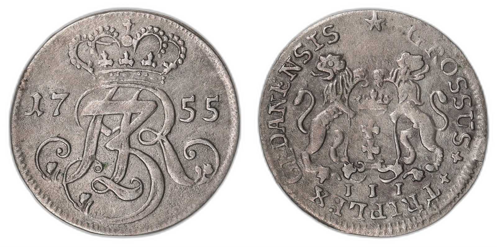 POLAND, DANZIG. Augustus III. 3 Groszy. 1755. XF.