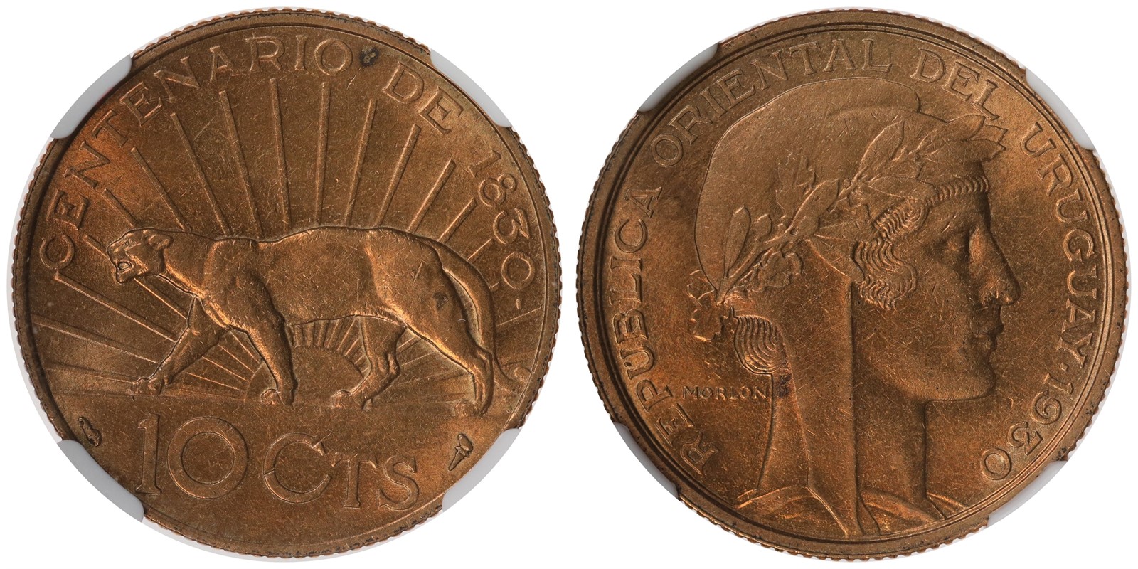 URUGUAY. Republic. 10 Centimes. 1930. NGC MS61.