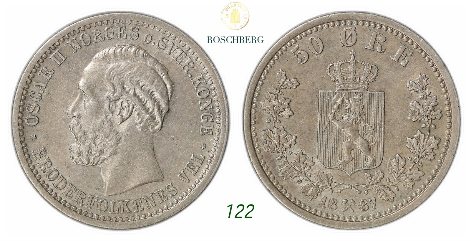 NORWAY. Oscar II. 50 Øre 1887.