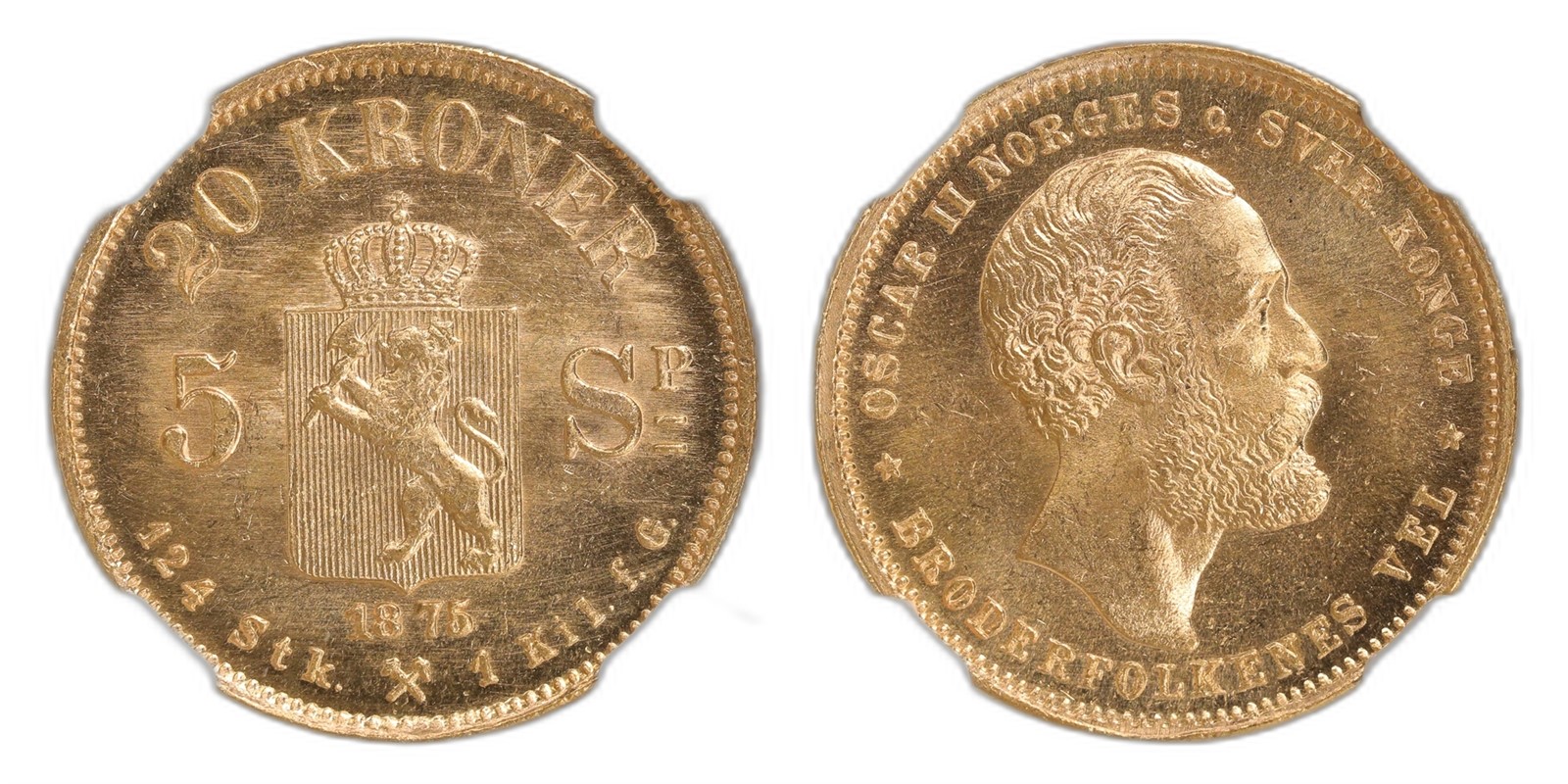 Norway. Oscar II. 20 Kroner / 5 Sp Gold 1875. Kv NGC MS63.
