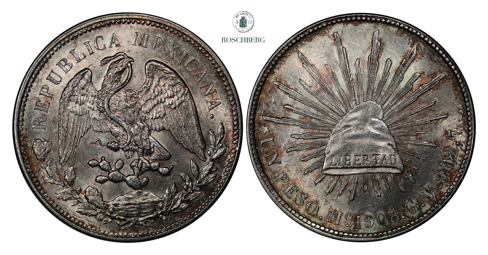 MEXICO. 1 Peso 1908-Mo AM UNC.