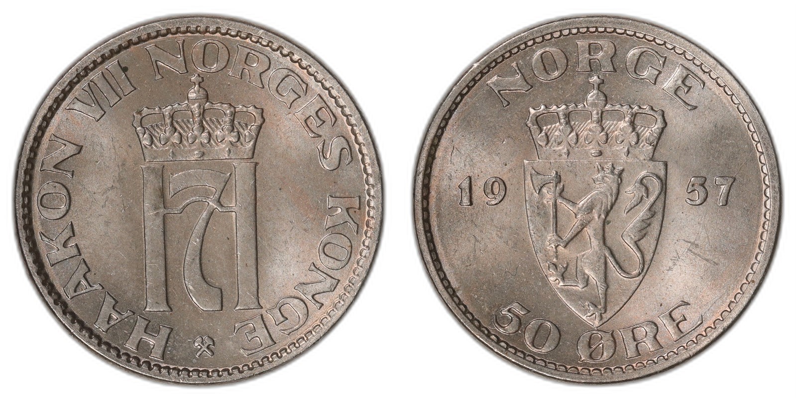 NORWAY. Haakon VII. 50 Øre. 1957. Kv 0 (UNC).