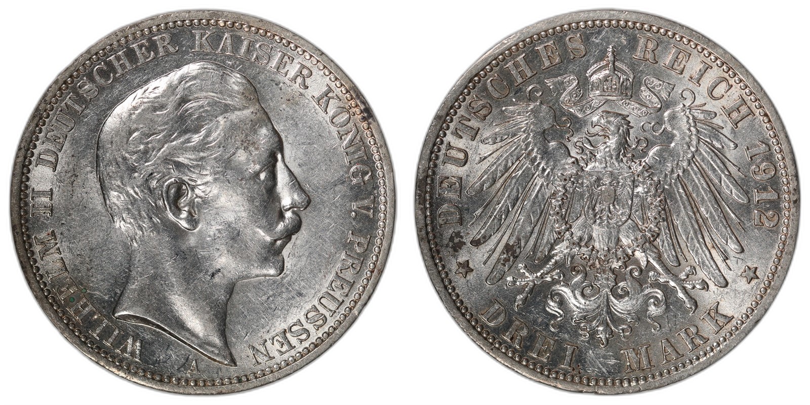 GERMANY, PRUSSIA. Wilhelm II. 3 Marks. 1912-A. AU.