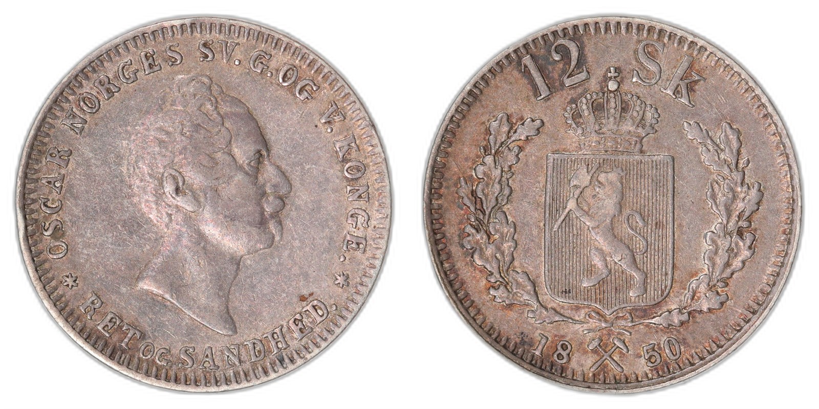 NORWAY. Oscar I. 12 Skilling. 1850. Kv 1+ (XF).