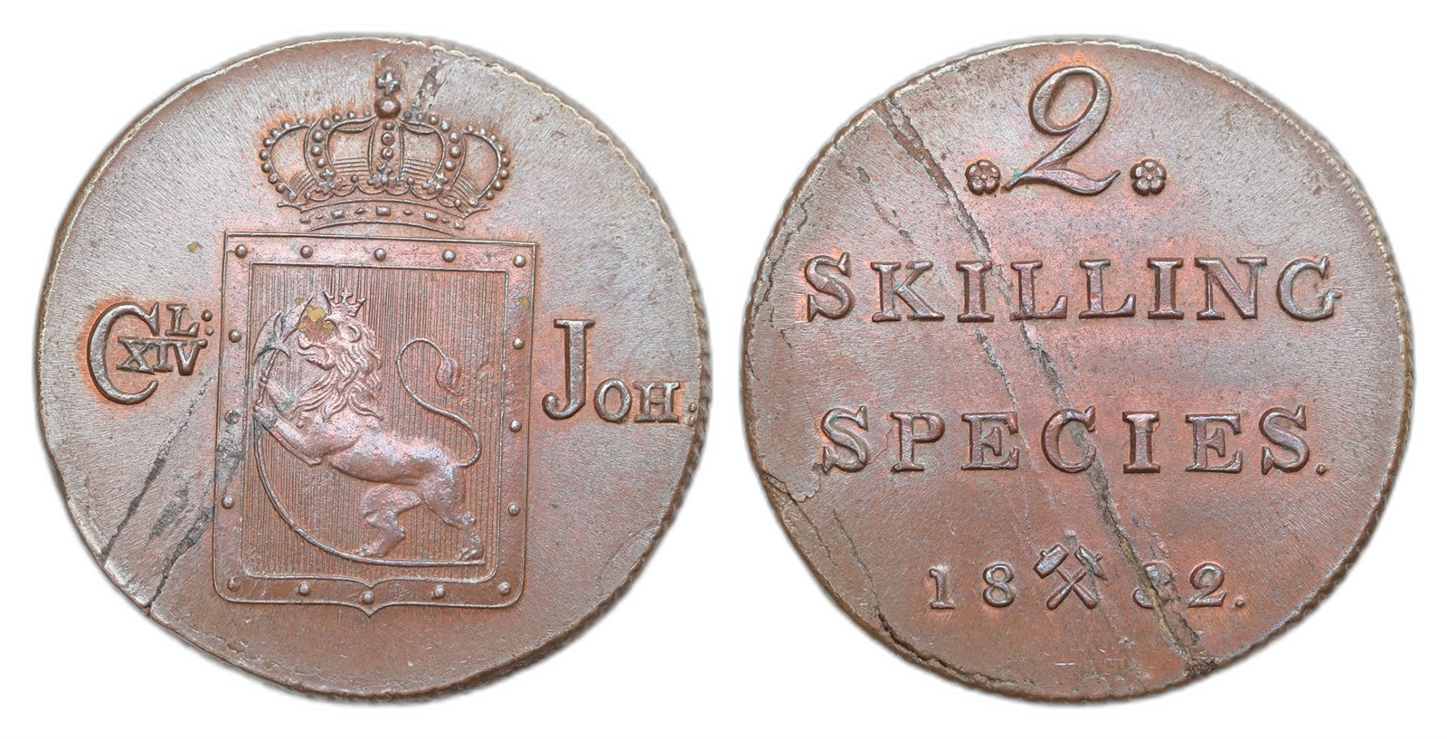 Norway. Carl XIV Johan. 2 Skilling 1832. Kv 0.