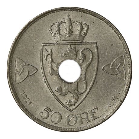 50 Øre 1921 Med Hull Kv 0/01