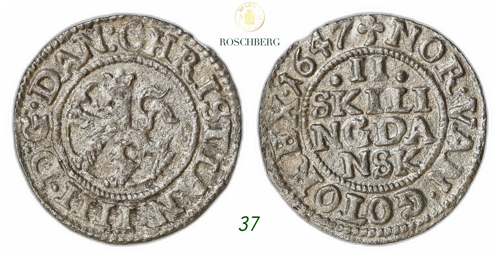 NORWAY. Christian IV. 2 Skilling 1647.