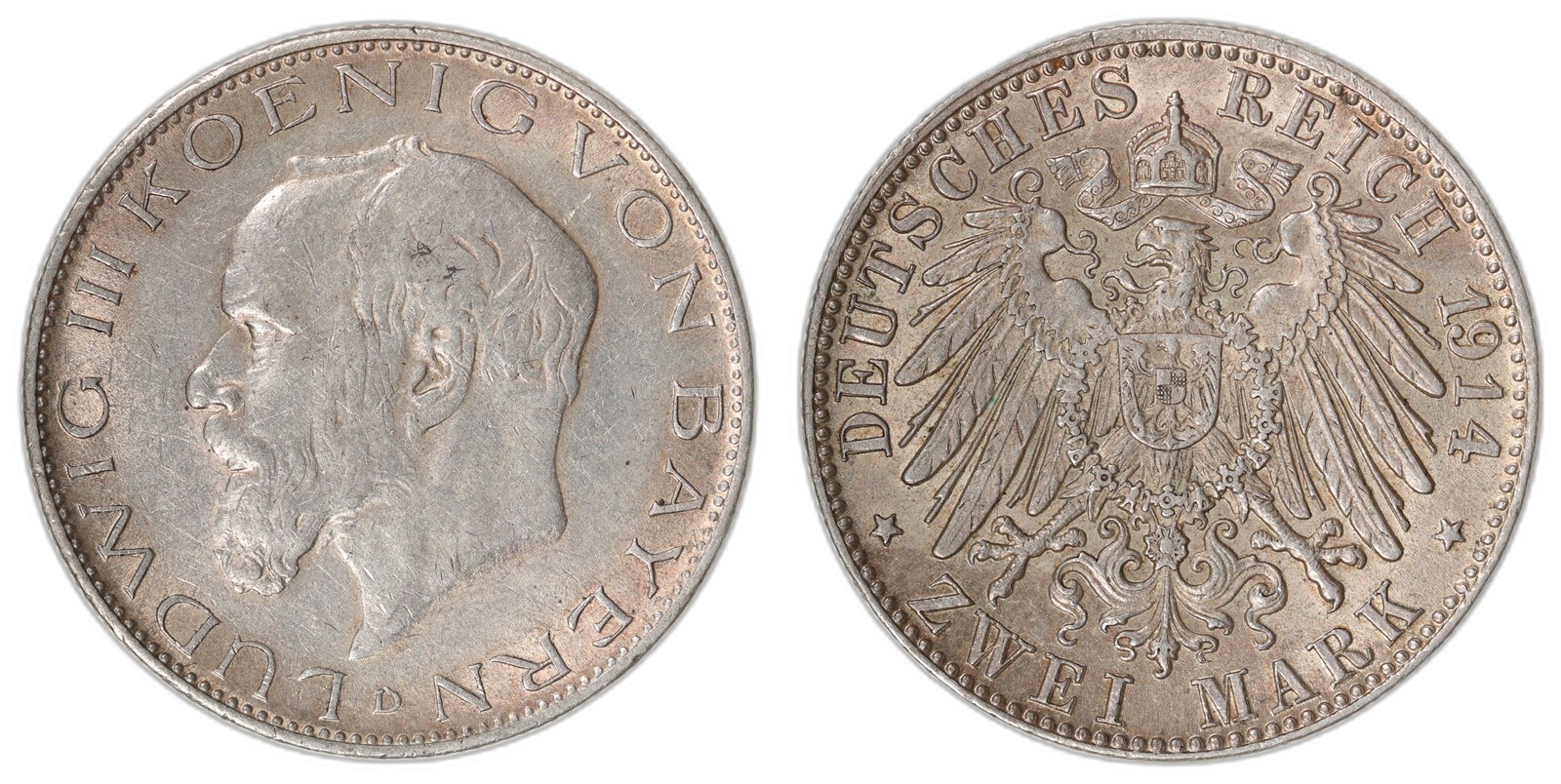 GERMANY, BAVARIA. 2 Mark. 1914-D. AU.