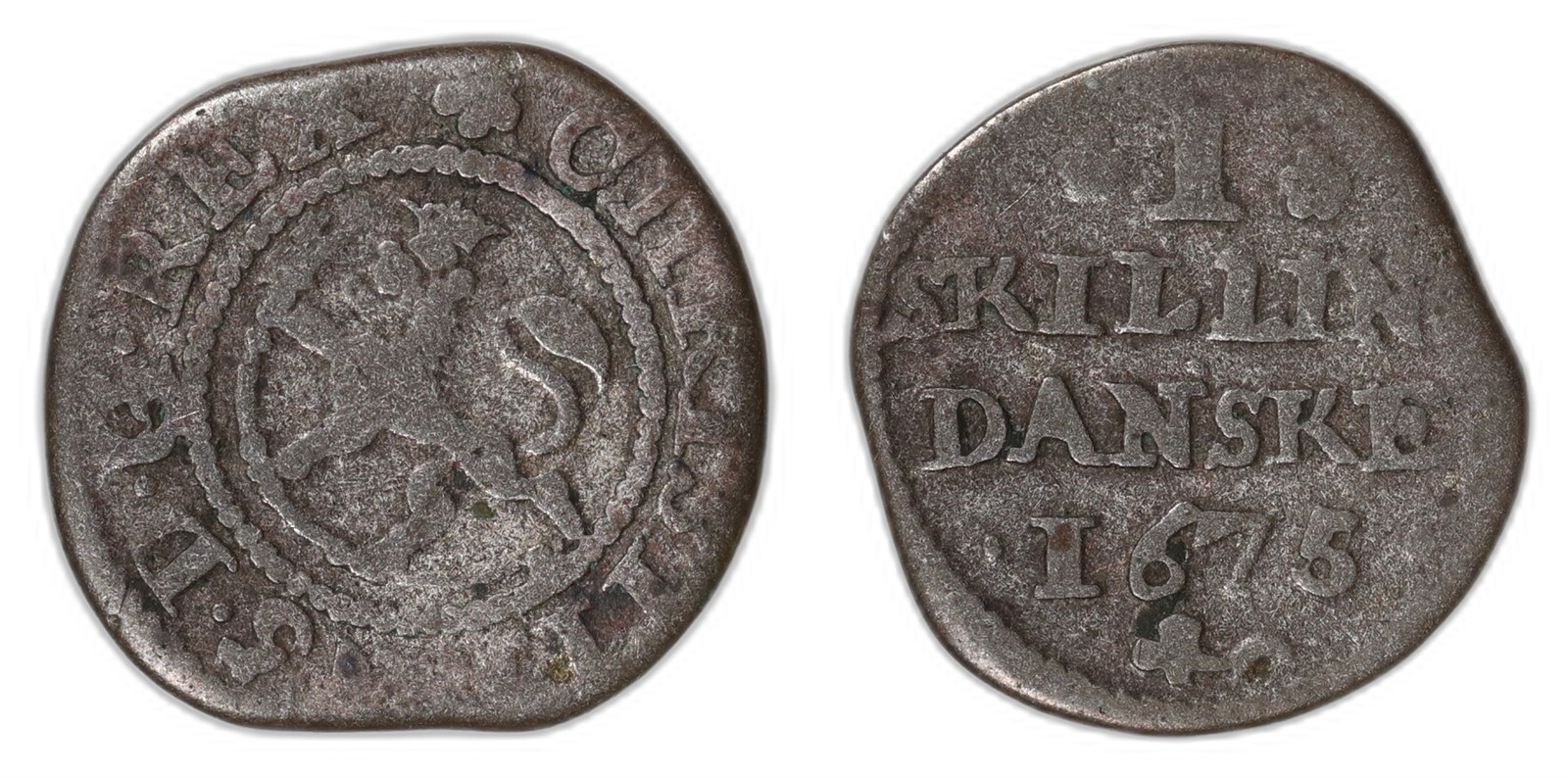 NORWAY. Christian V. 1 Skilling. 1675. Kv 1- (F).