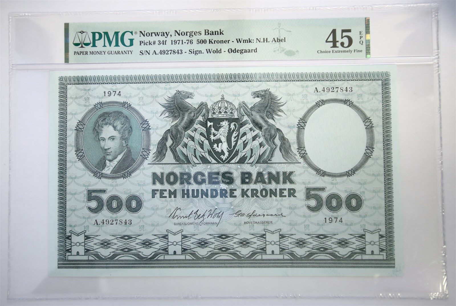 NORWAY. Type 4. 500 Kroner 1974-A. Kv PMG 45EPQ.