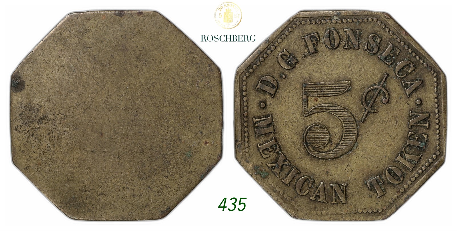 DENMARK, Danish West Indies. D. G. Fonseca. 5 Cent Token ND.