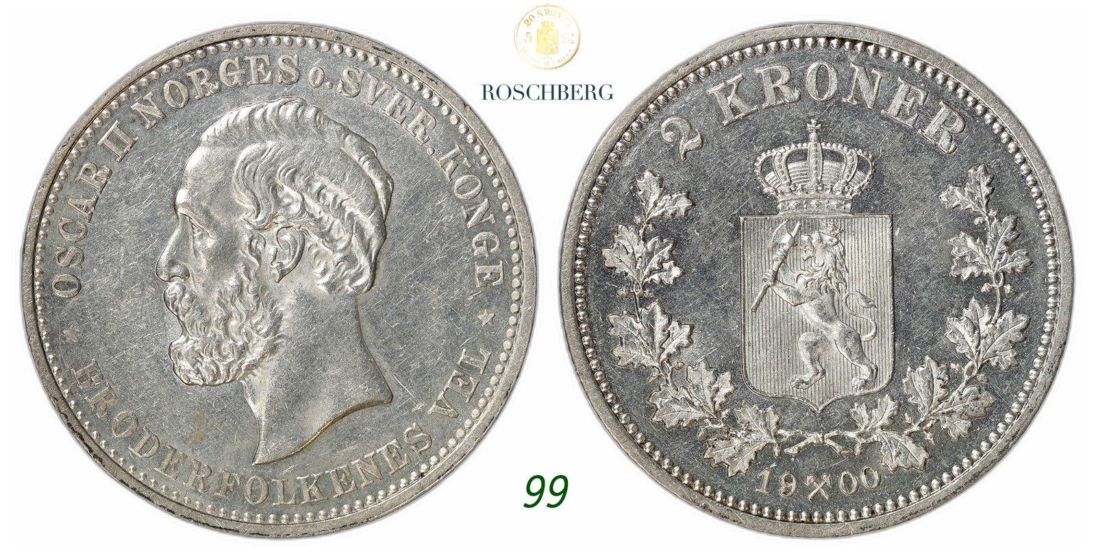 NORWAY. Oscar II. 2 Kroner 1900.
