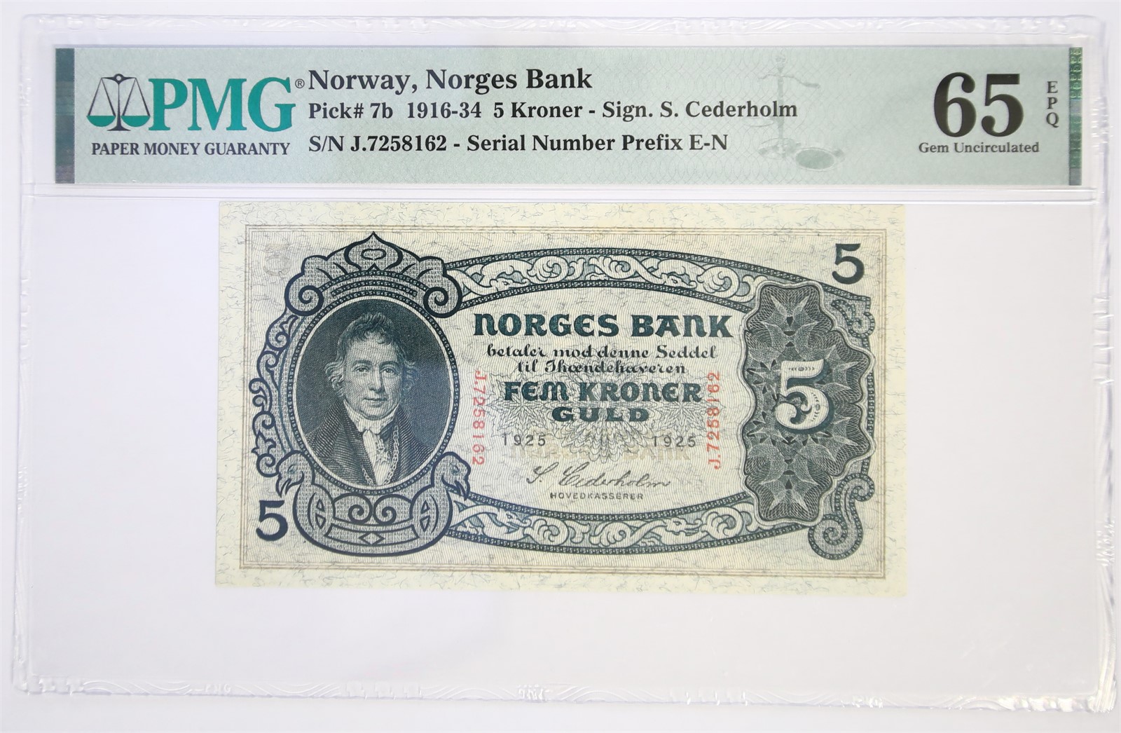 NORWAY. Type 2. 5 Kroner 1925-J. Kv PMG 65EPQ.