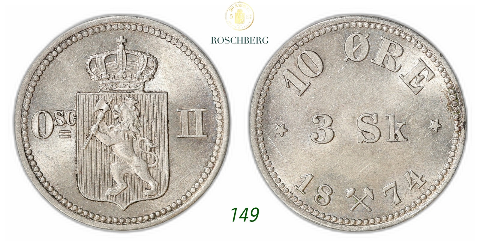 NORWAY. Oscar II. 10 Øre / 3 Sk 1874.