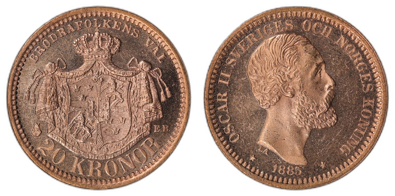 SWEDEN. Oscar II. 20 Kronor. 1885-EB. 0/01 (UNC).
