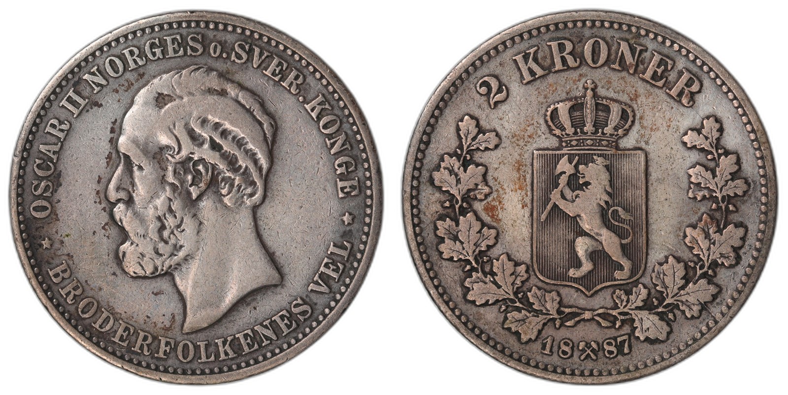 NORWAY. Oscar II. 2 Kroner 1887. Kv 1 (VF).