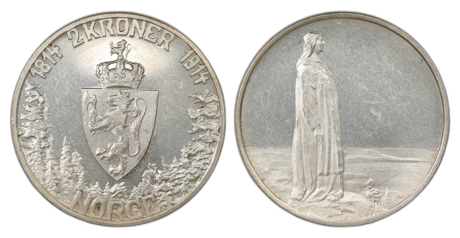 Norway. Haakon VII. 2 Kroner 1914- Mor Norge. Kv 0/01.