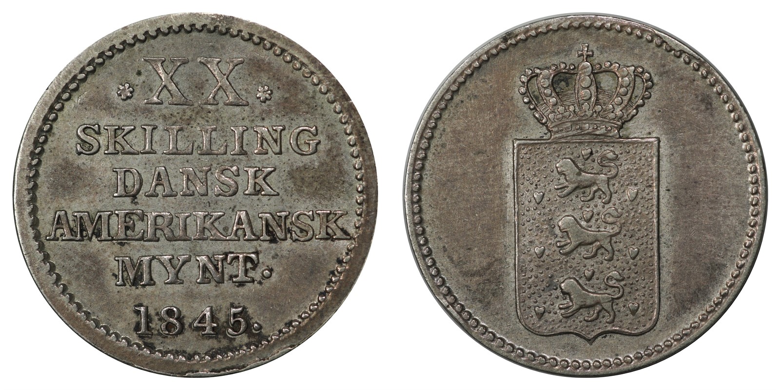 Danish West Indies - Frederik VII - XX Skilling 1845 Reeded Edge - XF *