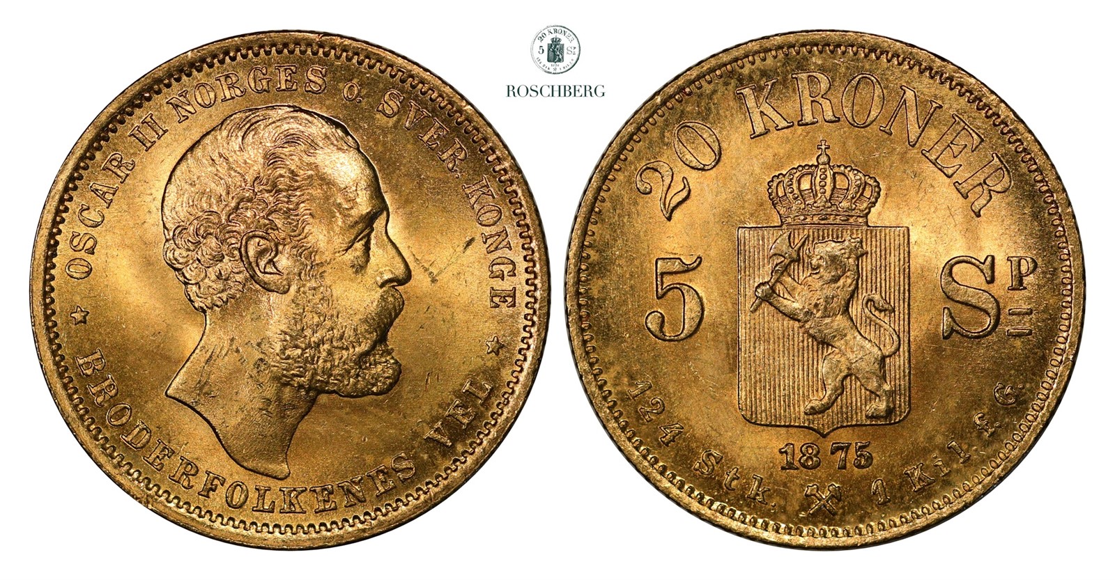 20 Kroner / 5 Sp. 1875 Kv 0/01 (UNC)