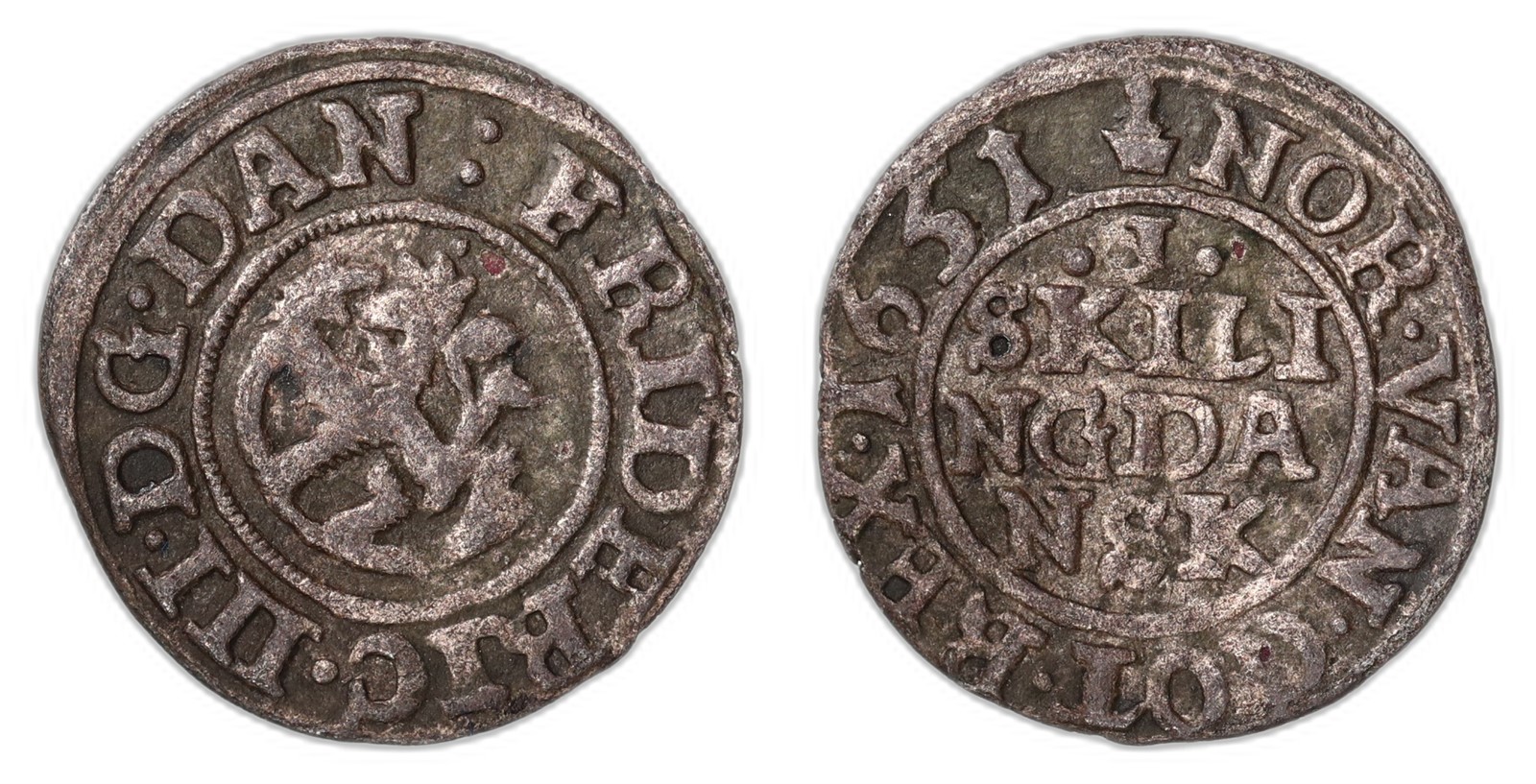 NORWAY. Frederik III. 1 Skilling. 1651. Kv 1+ (VF).