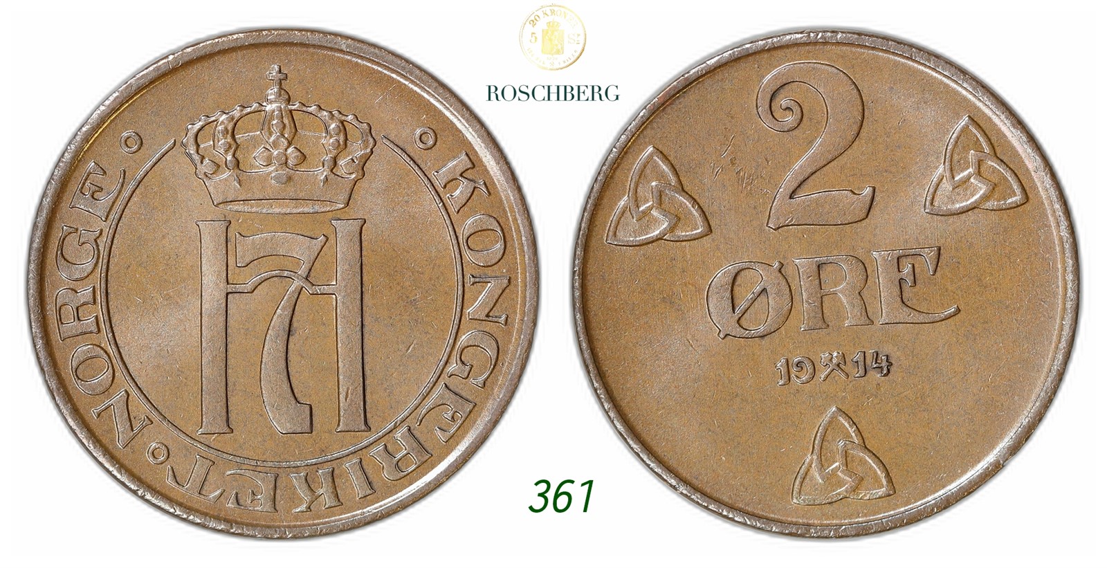 NORWAY. Haakon VII. 2 Øre 1914.