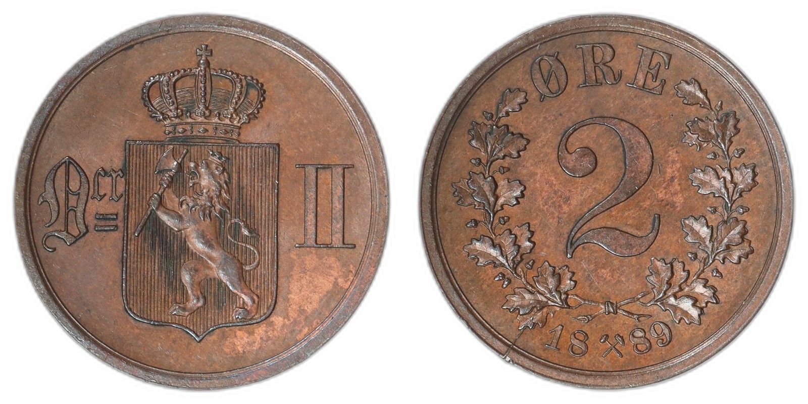 NORWAY. Oscar II. 2 Øre. 1889. Kv 0/01 (AU).