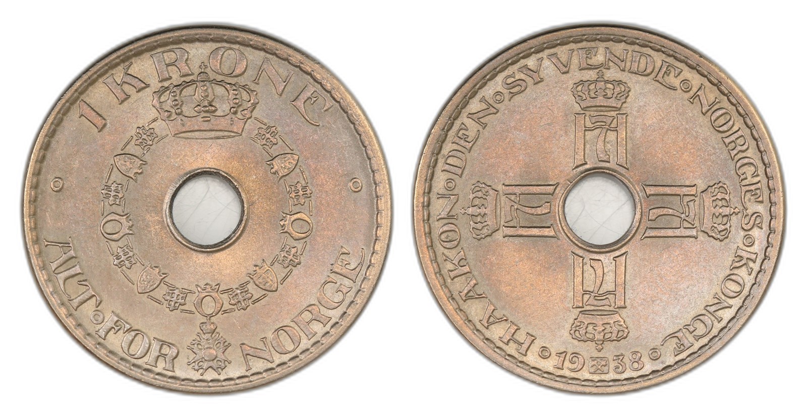 Norway. Haakon VII. 1 Krone 1938. Kv 0/01.