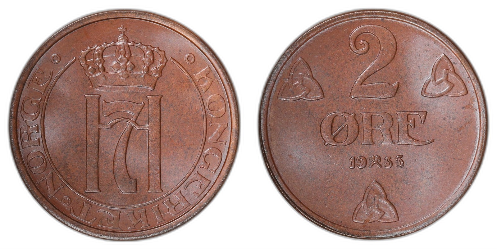 NORWAY. Haakon VII. 2 Øre 1935. Kv 0 (UNC).