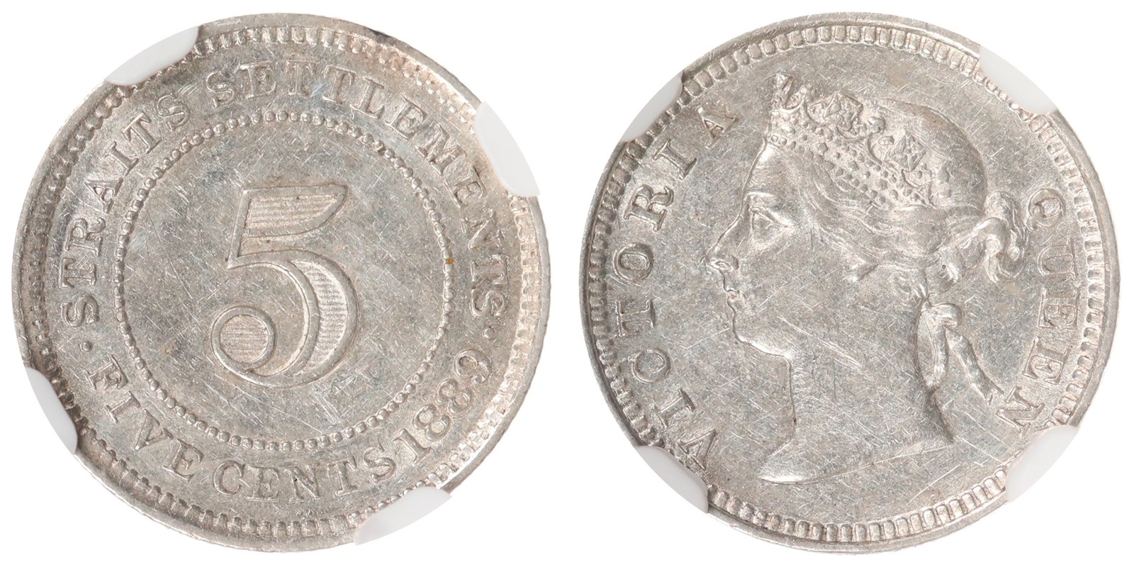 STRAITS SETTLEMENTS. Victoria. 5 Cent. 1889. NGC AU DETAILS.