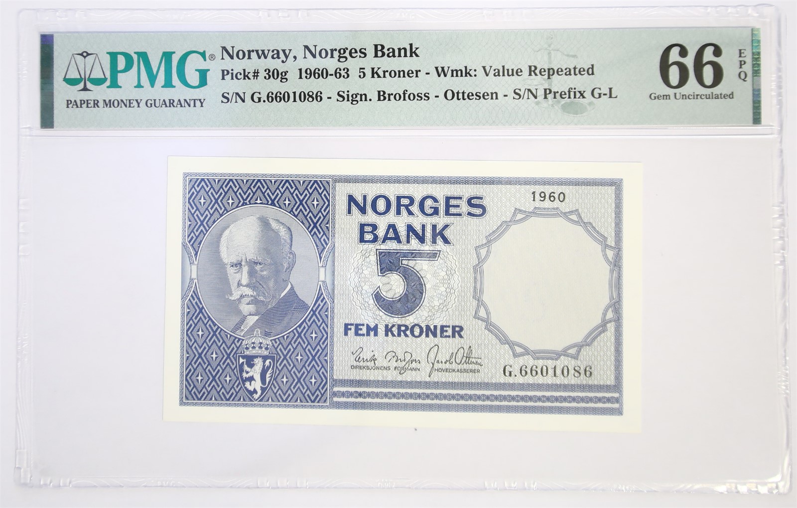 NORWAY. Type 4. 5 Kroner 1960-G. Kv PMG 66EPQ.