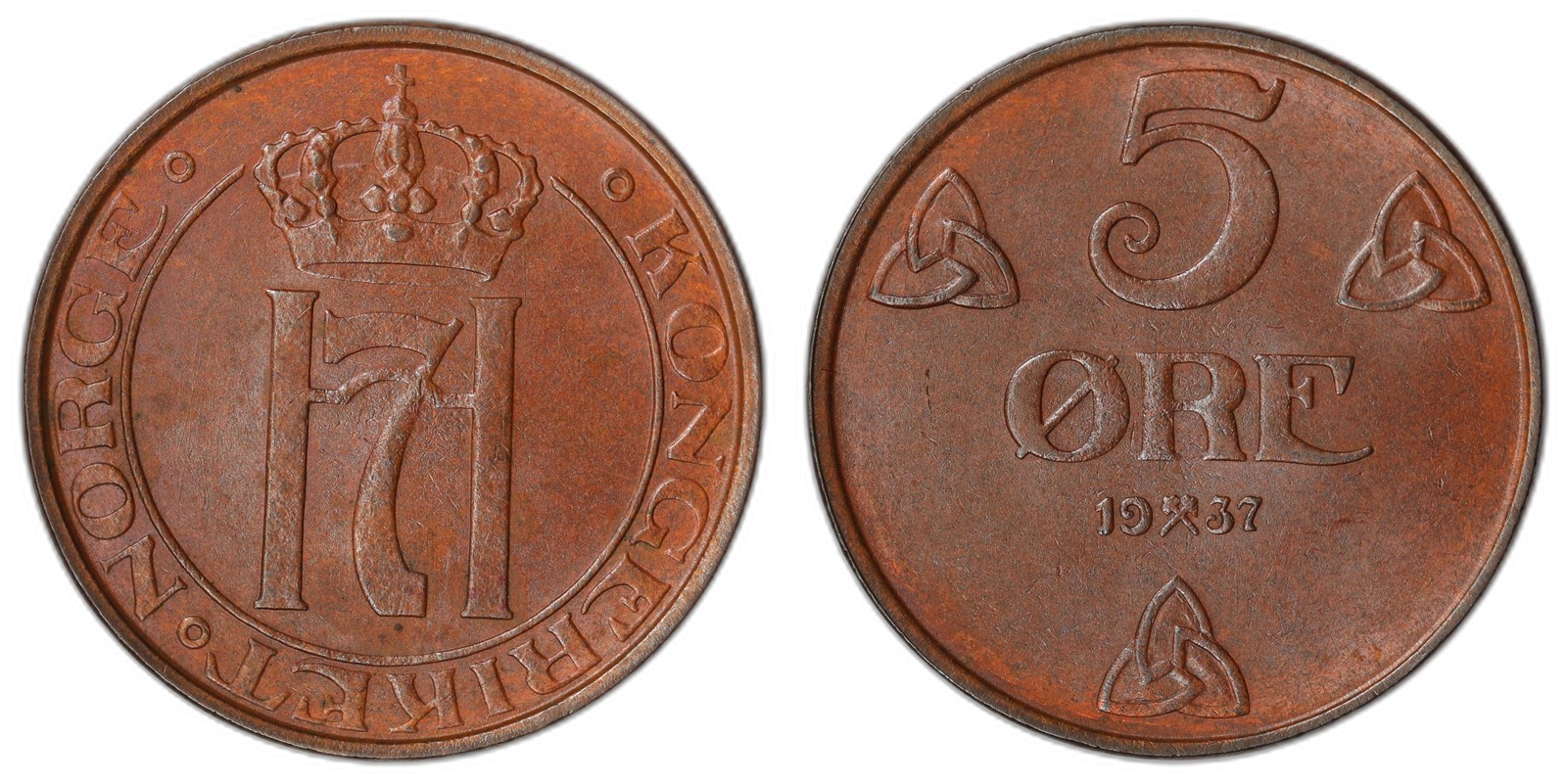 NORWAY. Haakon VII. 5 Øre 1937. Kv 0 (UNC).
