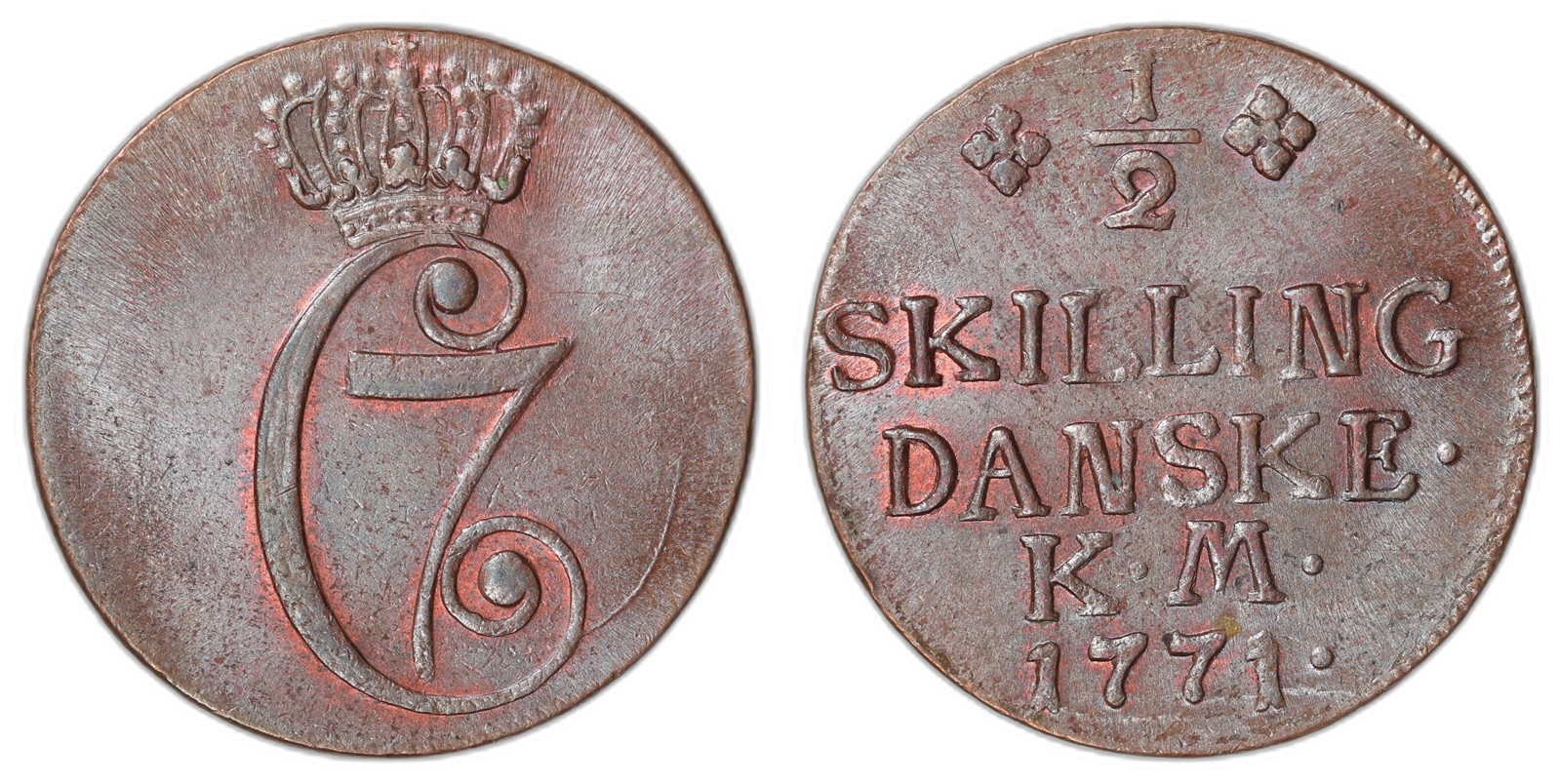 DENMARK. Christian VII. 1/2 Skilling. 1771. 0 (UNC).