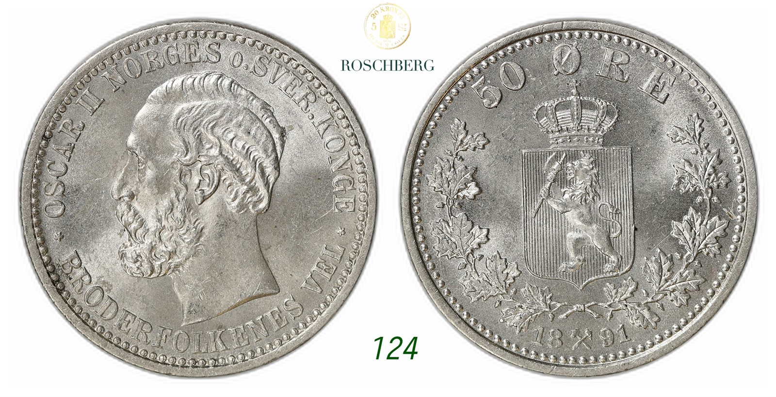 NORWAY. Oscar II. 50 Øre 1891.