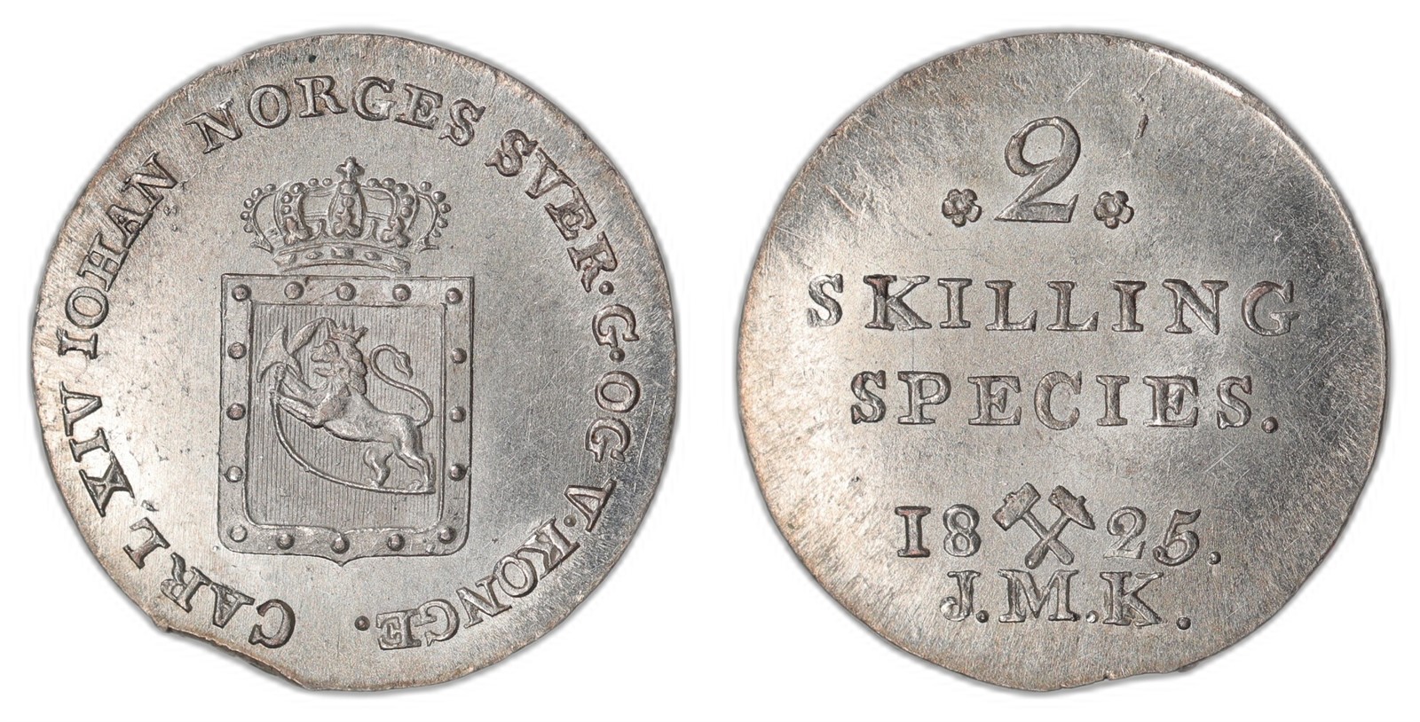NORWAY. Carl XIV Johan. 2 Skilling 1825. Kv 0 (UNC).