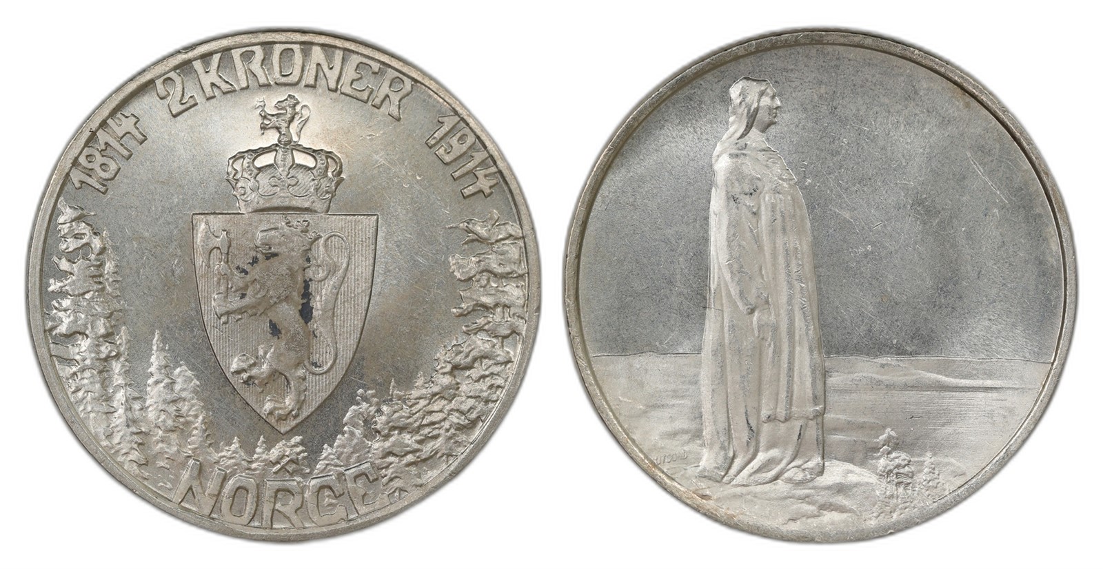 Norway. Haakon VII. 2 Kroner 1914- Mor Norge. Kv 0/01.