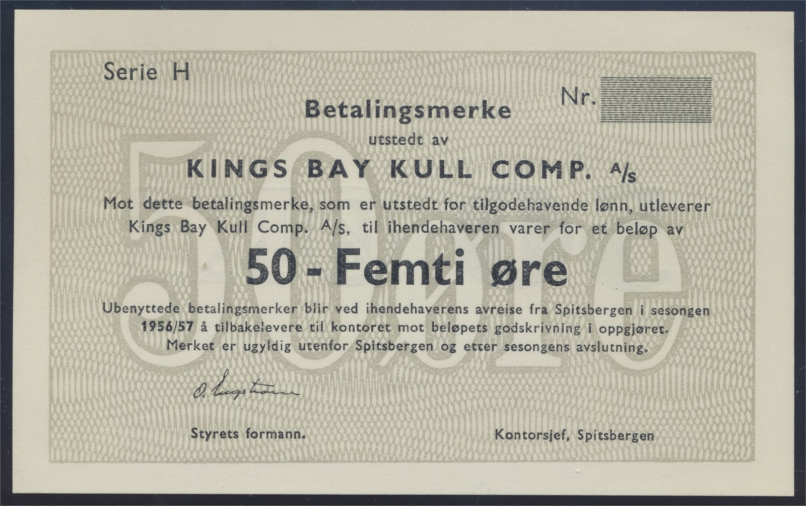 KINGS BAY. 50 Øre 1956/57 Blankett/remainder Kv 0- (UNC)