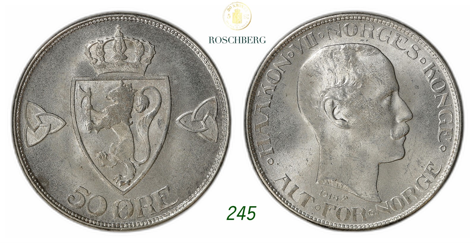 NORWAY. Haakon VII. 50 Øre 1914.