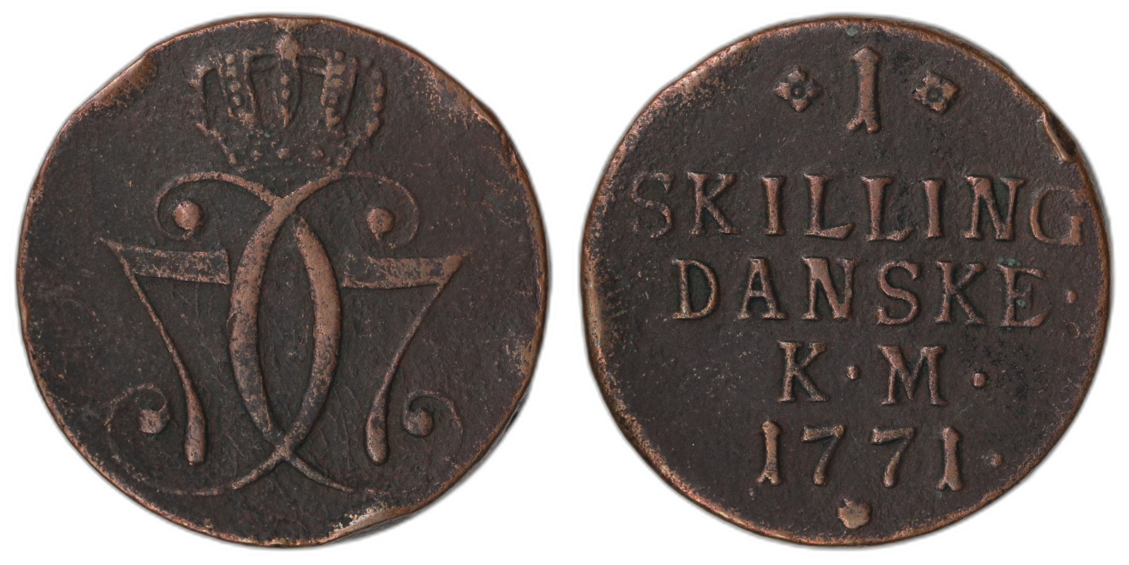 NORWAY. Christian VII. 1 Skilling 1771 Kongsberg. Kv 1+ (XF).