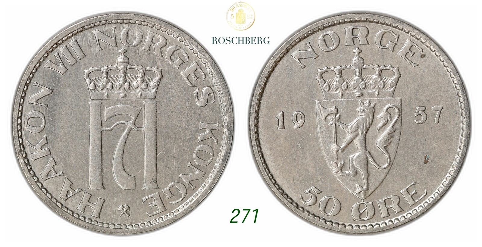 NORWAY. Haakon VII. 50 Øre 1957.