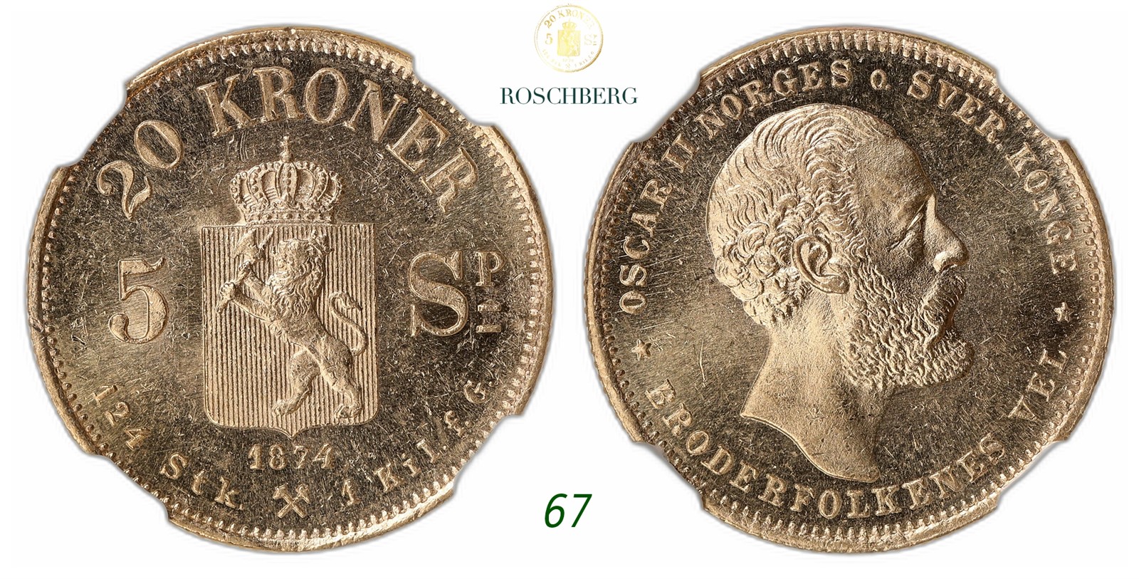NORWAY. Oscar II. 20 Kroner / 5 Sp. Gold 1874.