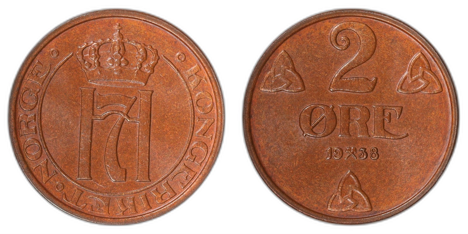 NORWAY. Haakon VII. 2 Øre. 1938. Kv 0 (UNC).