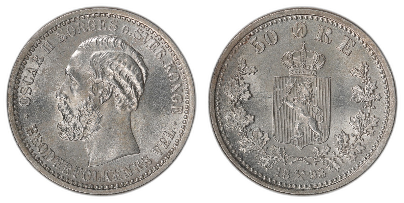 NORWAY. Oscar II. 50 Øre 1893. Kv 0 (UNC).