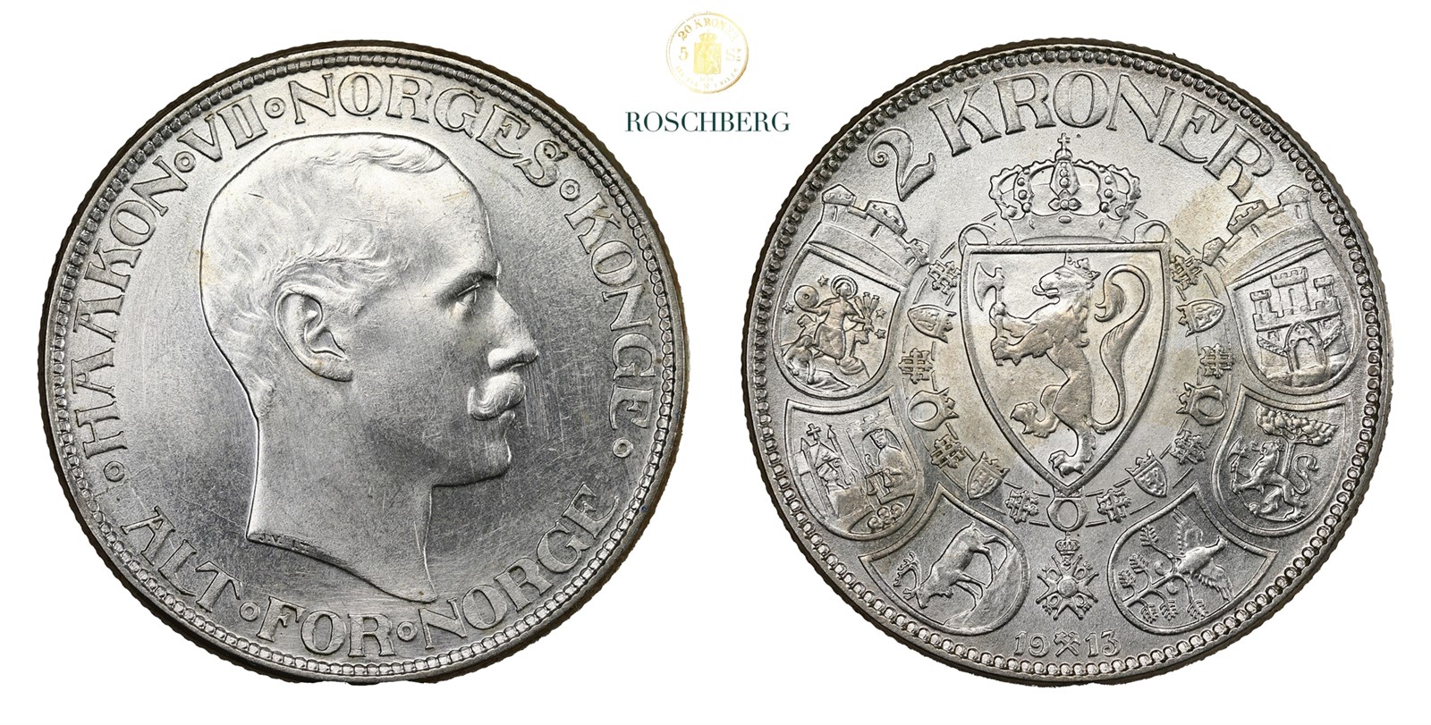 Norge 2 Kroner 1913 Kv 0, renset