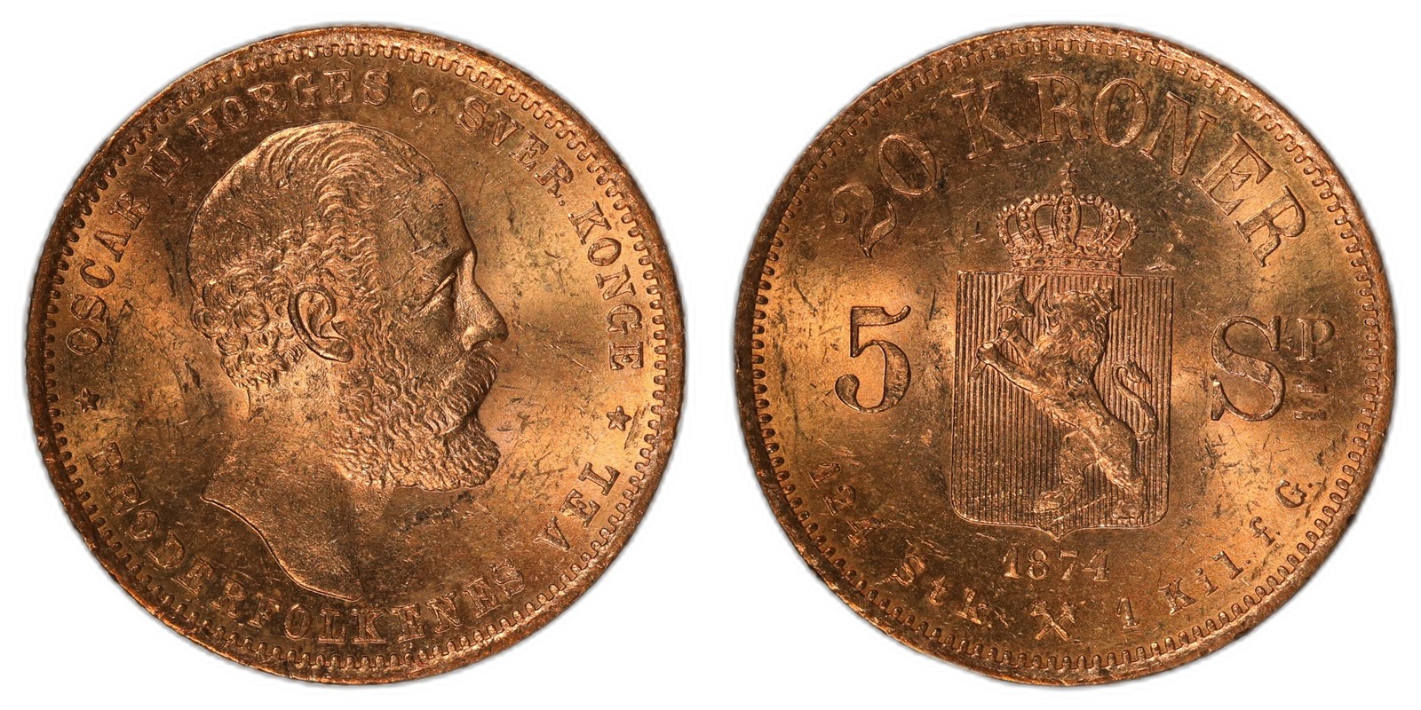 NORWAY. Oscar II. 20 Kroner / 5 Sp 1874. Kv 0/01 (UNC).