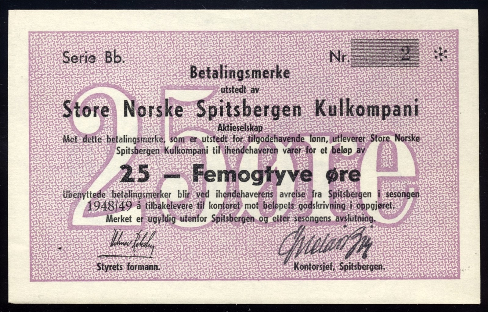 Store Norske Spitsbergen Kullkompani 25 Øre 1948/49 Bb2 Kv 0- (UNC). UNIK