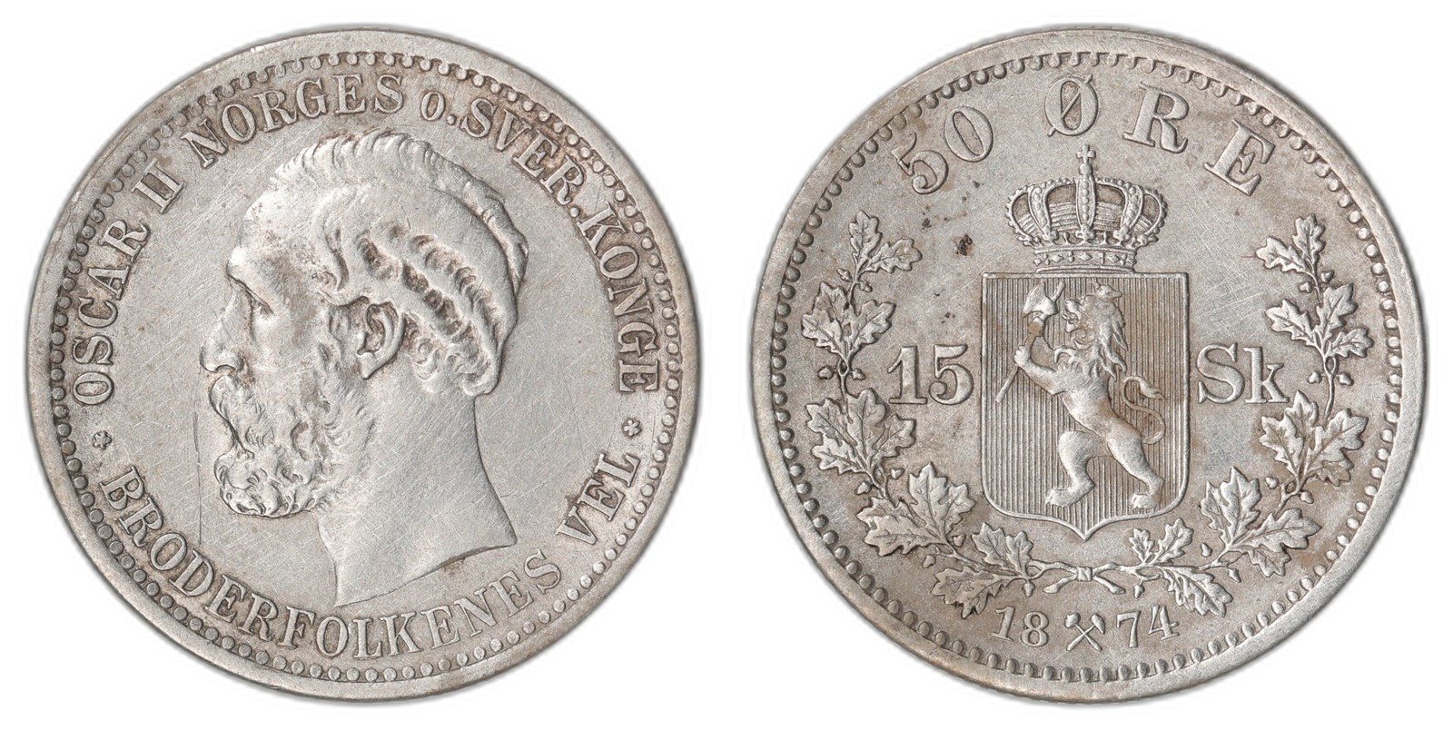 NORWAY. Oscar II. 50 Øre / 15 Sk 1874. Kv 1+ (XF).