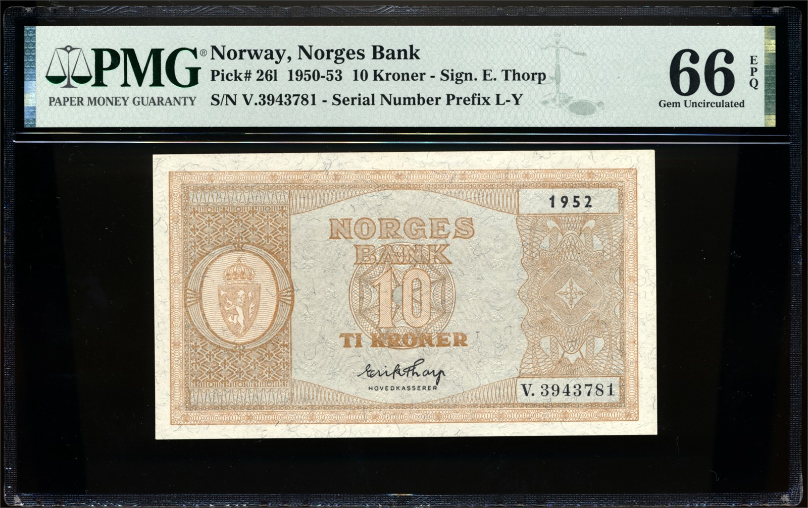 10 Kroner 1952 V3943781 PMG 66EPQ