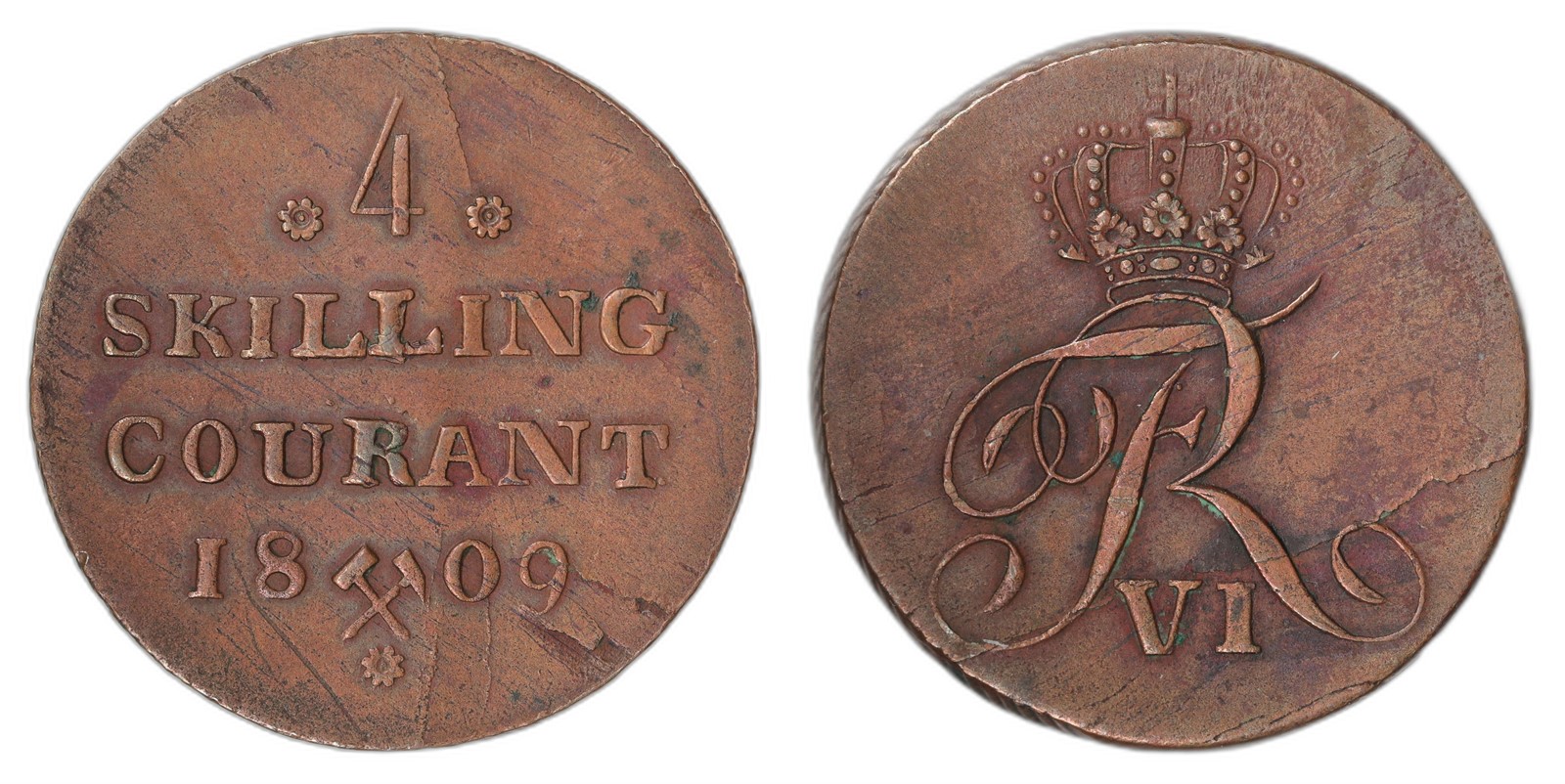 NORWAY. Fredrik VI. 4 Skilling 1809 Rosett. Kv 1+/01 (AU).