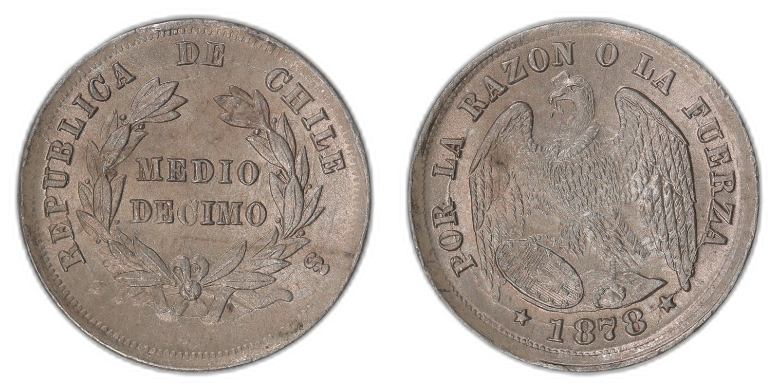CHILE. Republic. 1/2 Decimo. 1878-So. UNC.