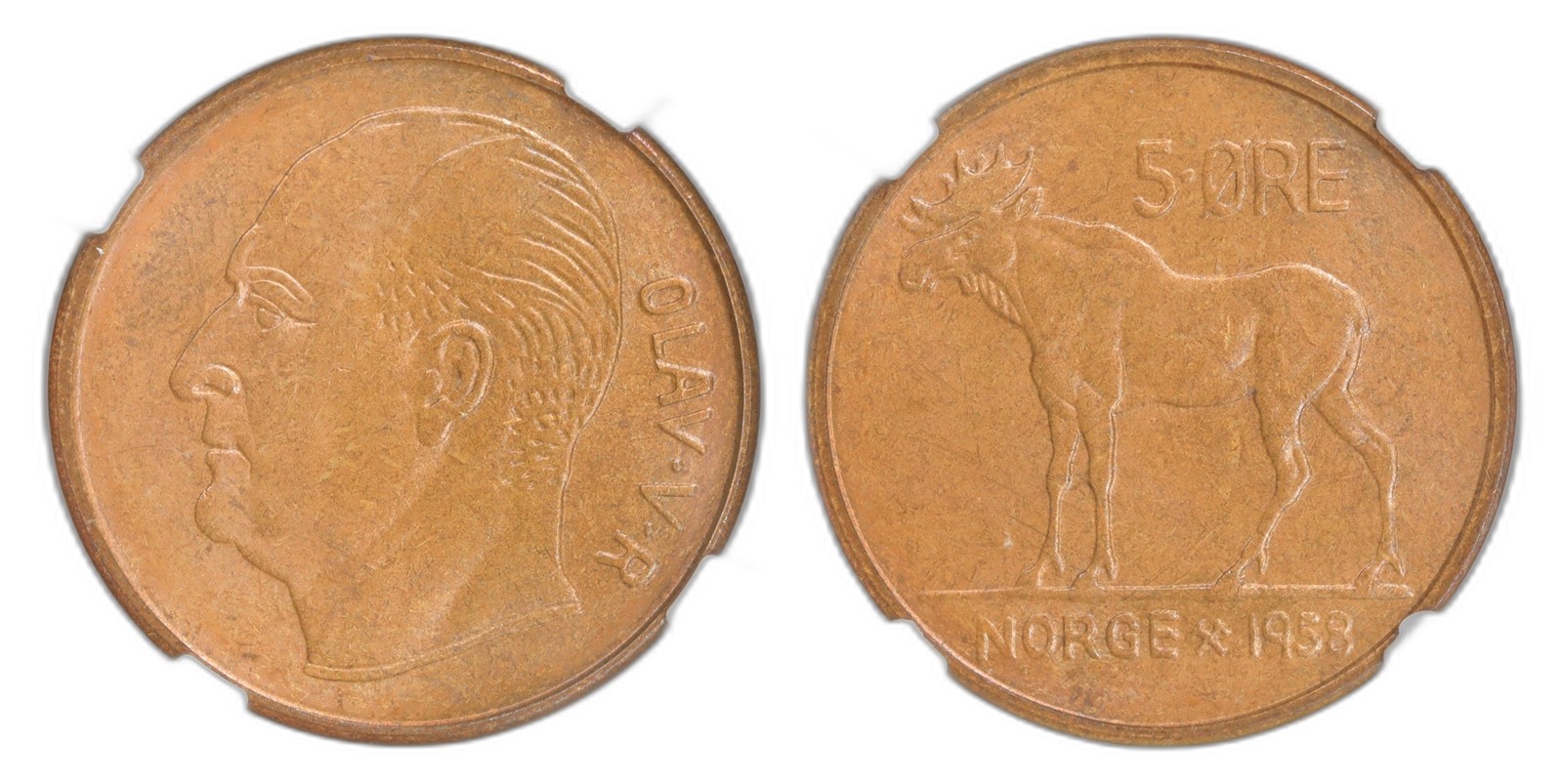Norway. Olav V. 5 Øre 1958. Kv NGC MS65BN.